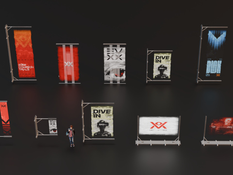 广告展示架 赛博朋克广告 街道广告架 广告画投影 数字广告投su模型