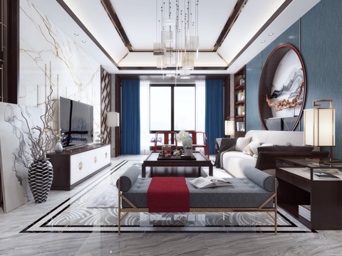  新中式客厅 沙发背景 电视柜组合 个性吊灯3d模型 