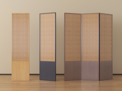  侘寂藤编折叠屏风 实木隔断3d模型 