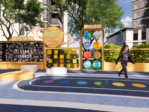 现代儿童景墙 太空科幻 飞船 滑梯 户外休闲椅su模型