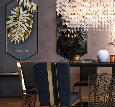  后现代轻奢餐桌金色餐桌现代餐桌时尚吊灯地毯后现代餐桌吊灯3d模型 