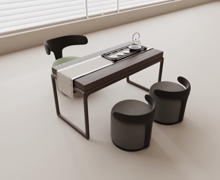 新中式茶桌椅组合 实木茶桌 休闲单椅 布艺圆凳 茶具组合su模型