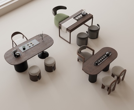 新中式茶桌椅组合 实木茶桌 休闲单椅 布艺圆凳 茶具组合su模型