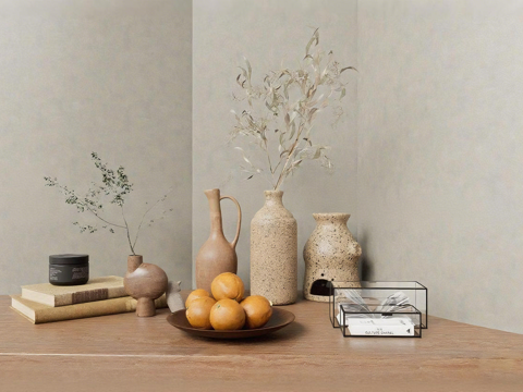 自然风格桌面摆件 陶艺花瓶静物 粗陶质感花瓶 新鲜水果su模型