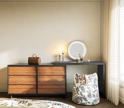 现代中古梳妆台 梳妆椅 中古书桌椅 化妆镜 妆台妆凳组合su模型