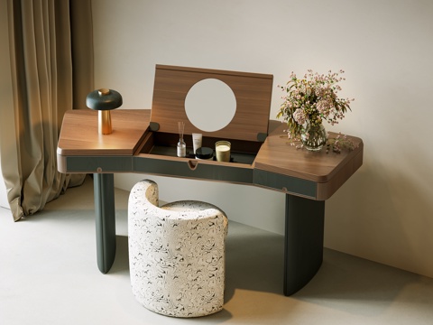 中古风梳妆台 梳妆椅 中古书桌椅 化妆镜 梳妆台摆件 妆台妆su模型