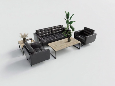 现代简约沙发茶几组合 深灰皮质沙发组合 方形绗缝沙发su模型