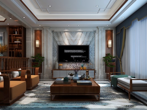  新中式客厅3d模型 