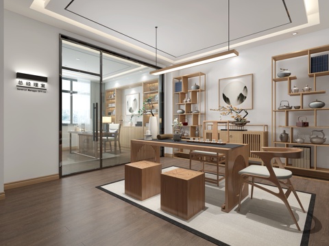  新中式茶室 总经理接待室 新中式博古架 新中式玄关柜 新3d模型 