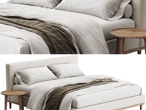  WEST ELM 现代双人床 布艺双人床 床头边几 床品3d模型 