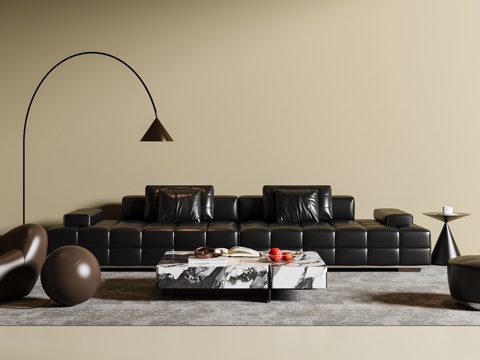 现代意式沙发茶几组合 多人沙发 懒人沙发 落地灯 地毯su模型