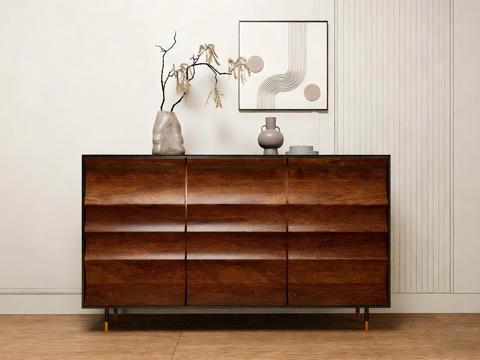 现代简约斗柜 深色系收纳柜 卧室玄关储物柜 波纹纹理木饰面su模型