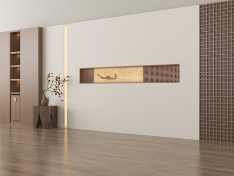  禅意新中式客厅沙发背景墙3d模型 