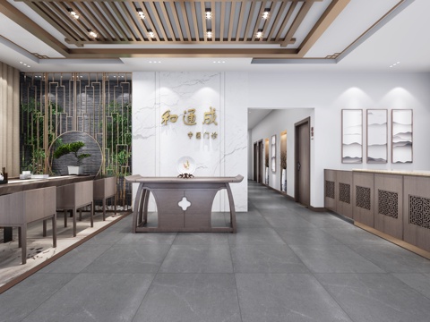  中式新中式中医院接待大厅3D模型下载3d模型 