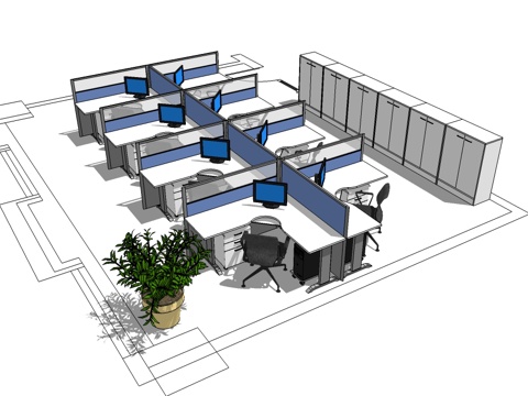 办公工位 办公班台 办公家具 工位 办公室 屏风工位su模型