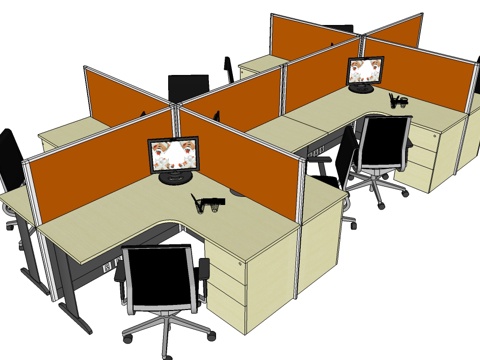 办公工位 办公班台 办公家具 工位 办公室 屏风工位su模型