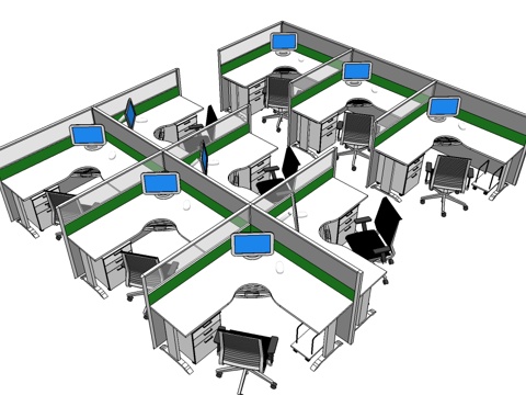 办公工位 办公班台 办公家具 工位 办公室 屏风工位su模型