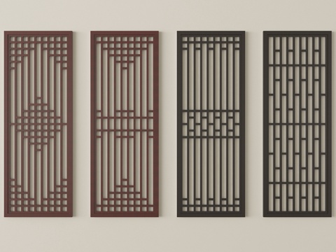 新中式格栅镂空花格 镂空窗su模型
