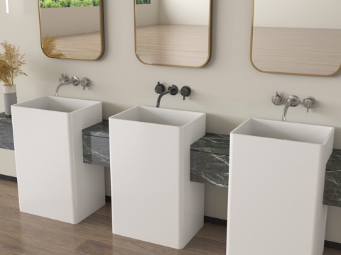 现代洗手台 立柱洗手盆 水龙头 镜子su模型