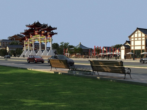  中式古建商业街牌坊大门3d模型 