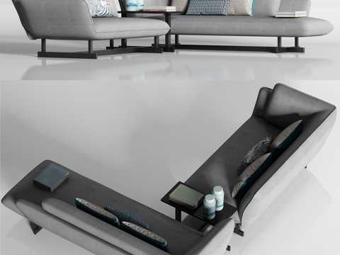  现代灰色布艺转角多人沙发枕头组合3d模型 