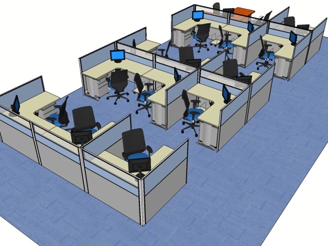  办公工位 办公班台 办公家具 工位 办公室 屏风工位su模型 