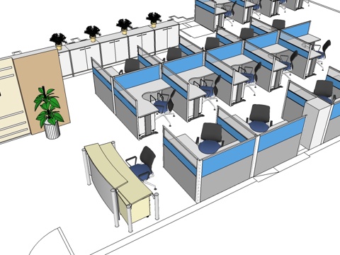  办公工位 办公班台 办公家具 工位 办公室 屏风工位su模型 