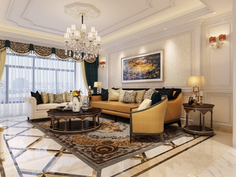  简欧客厅欧式客餐厅电视墙餐桌椅沙发酒柜3d模型 