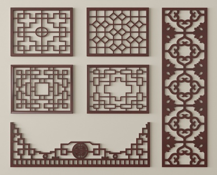 中式窗格镂空窗 花窗  镂空花格窗su模型