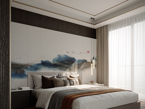  现代中式主卧室3d模型 