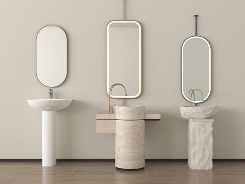 现代洗手台 立柱洗手盆 水龙头 镜子su模型