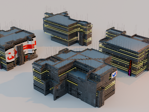 赛博朋克建筑 科幻建筑 商业街建筑 工业建筑 城市街道建筑su模型