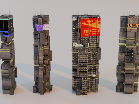 赛博朋克建筑 科幻建筑 商业街建筑 工业建筑 城市街道建筑su模型