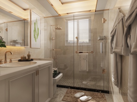  现代卫生间 镜子 浴室柜 马桶 挂画 淋浴间3d模型 