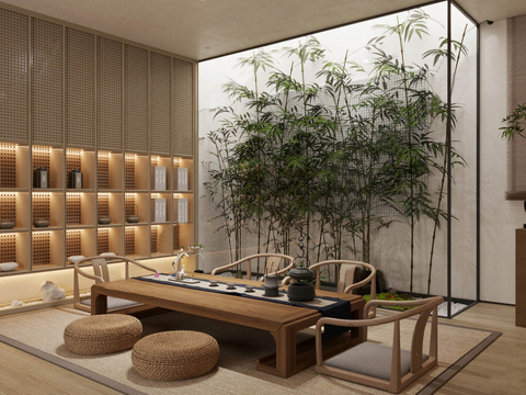 新中式茶室  茶柜 竹子 茶桌su模型