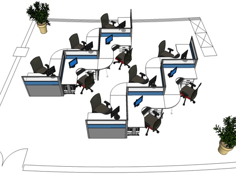 办公工位 文件柜 办公家具 工位 办公室 屏风工位su模型
