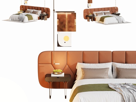  现代样板轻奢双人床su模型 