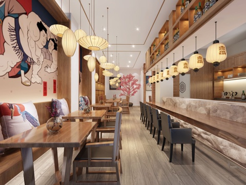 日式餐厅 樱花树 日式灯笼 日式前台3d模型