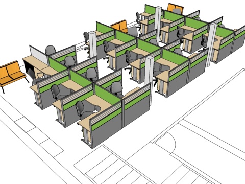  办公工位 办公班台 办公家具 工位 办公室 屏风工位su模型 