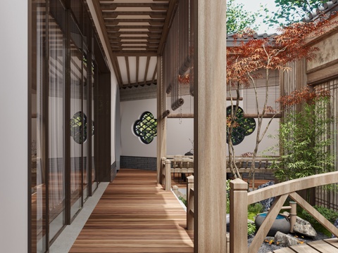  新中式禅意别墅庭院3d模型 