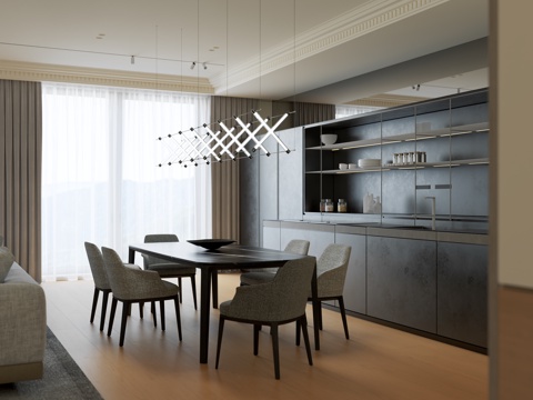 现代餐厅 餐桌椅 餐椅 吊灯 橱柜su模型