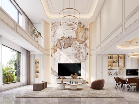 法式挑空别墅客餐厅3d模型