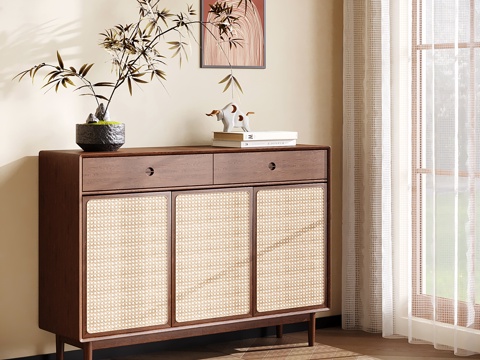 中古侘寂餐边柜 藤编边柜 玄关柜 收纳储物柜 斗柜su模型