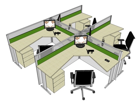  办公工位 办公班台 办公家具 工位 办公室 屏风工位su模型 