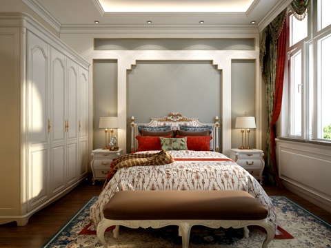  简欧欧式卧室 双人床 床头柜 凳子 衣柜 吊灯 台灯 挂3d模型 