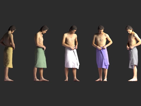  白人男性 浴后场景 赤裸上身 多色浴巾 系巾动作 站姿 赤脚3d模型 