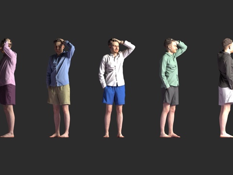  白人男性 长袖衬衫 短裤 赤脚 单手抚头 站姿 多色穿搭 写3d模型 