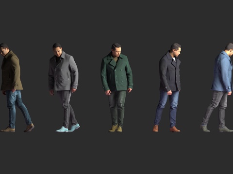  现代男性 长款风衣 行走姿态 牛仔裤 皮鞋 多色外套 写实人3d模型 