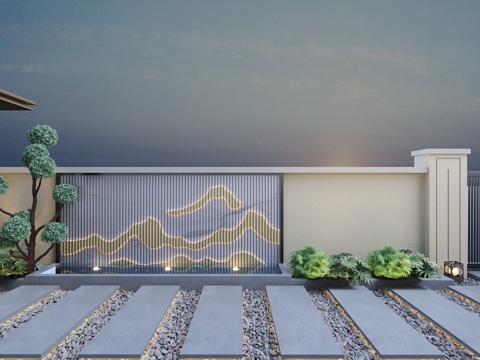  新中式花园 新中式景墙 山水 片岩 格栅景墙 石子汀步砾石组3d模型 