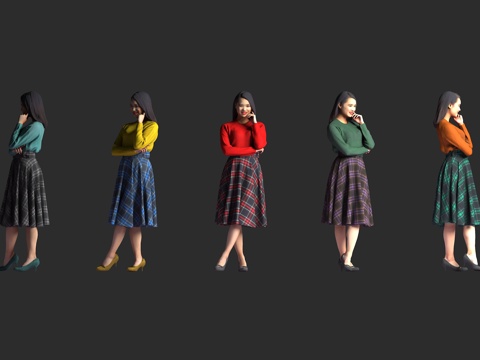  亚洲女性 长袖毛衣 格纹半身裙 高跟鞋 单手托腮 站姿 多色3d模型 